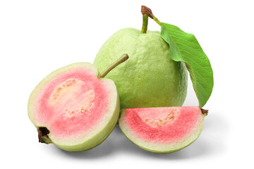 Guava cut in half reveals the fresh red flesh and the whole guava with leaves. isolated on white background.