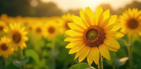 Golden Hour Sunflowers Vibrant Yellow Blooms in a Lush Field, radiating warmth and abundance, perfect for summer, harvest, and prosperity themes.