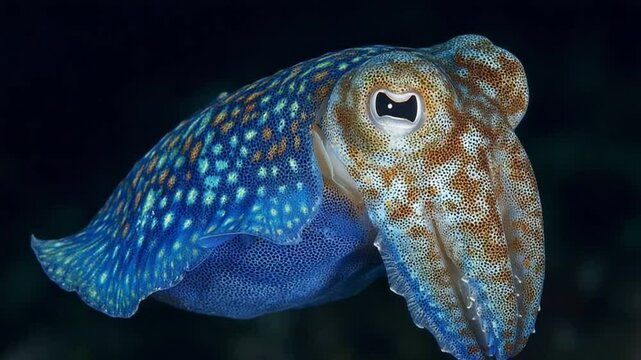 Close Up Vibrant Blue Brown Squid Swimming Underwater Dark Background