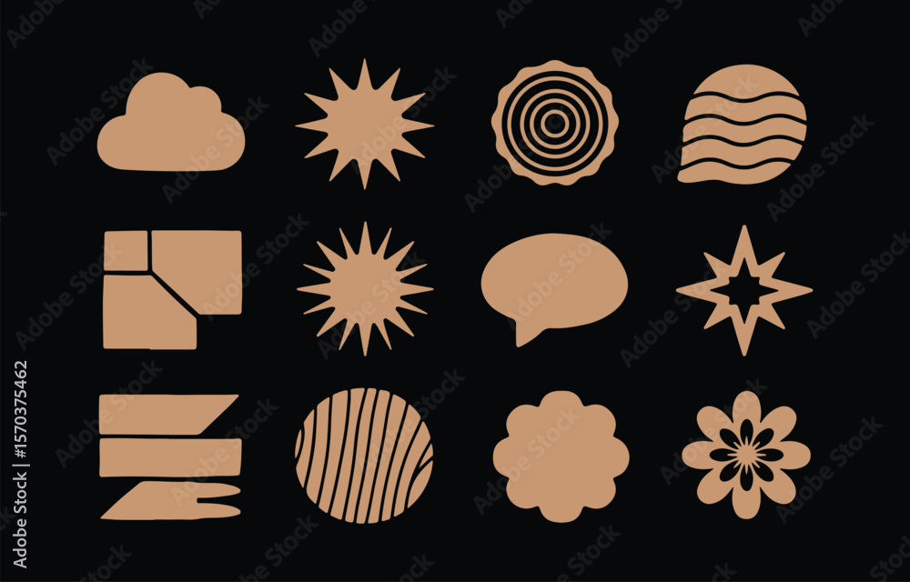 Poster a collection of twelve abstract geometric shapes and organic forms in a warm tan color against a sol