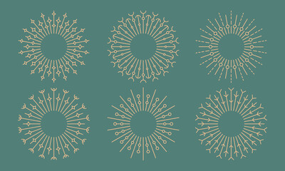 Round floral bohemian line rayses sun, dandelion shapes. Vintage radial sunburst golden logo, background vector designs