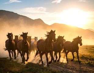 Horses running at sunset