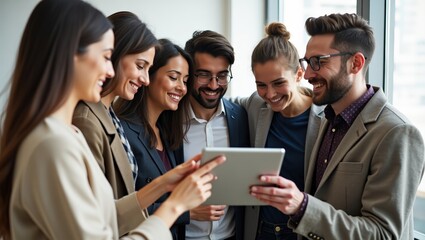 Fototapeta premium Diverse team laughs together while viewing content on a tablet device