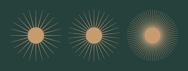 Luxury round sun frames with halftone, gradient circle. Vintage bohemian sunburst, dotted radiah rays, beans vector illustrations for logo, design