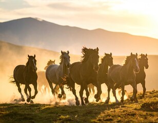 Horses running in a field at sunset