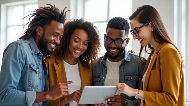 Diverse Team Smiling While Collaborating on Tablet in Bright, Modern Office Space