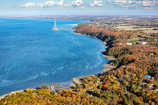 Aeral photo of St. Lawrence River Magnificent Quebec, along the River by Fall and color 