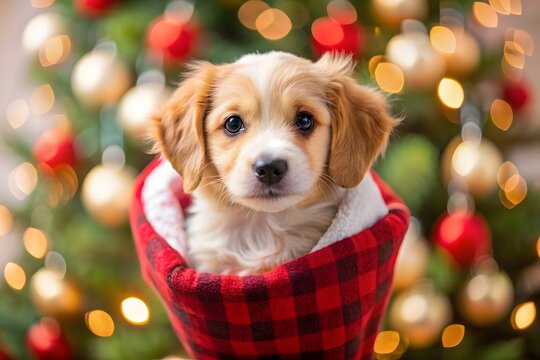 Adorable puppy nestled in a red and black plaid christmas stocking