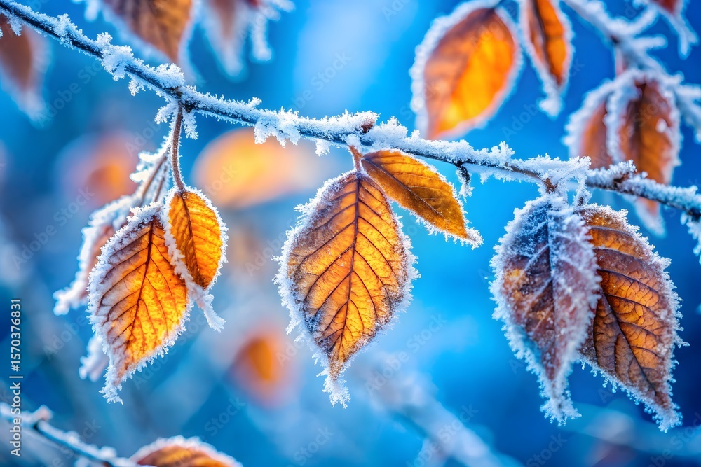 Poster close up of frosted autumn leaves on a branch with a soft blue bokeh background