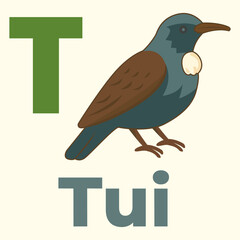 Cartoon tui bird next to the letter T. Great for alphabet learning, classroom decor, or educational books. Unique and culturally rich character for children’s content.