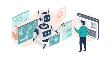 Futuristic Robot and Human Collaboration Analyzing Data on Digital Screens