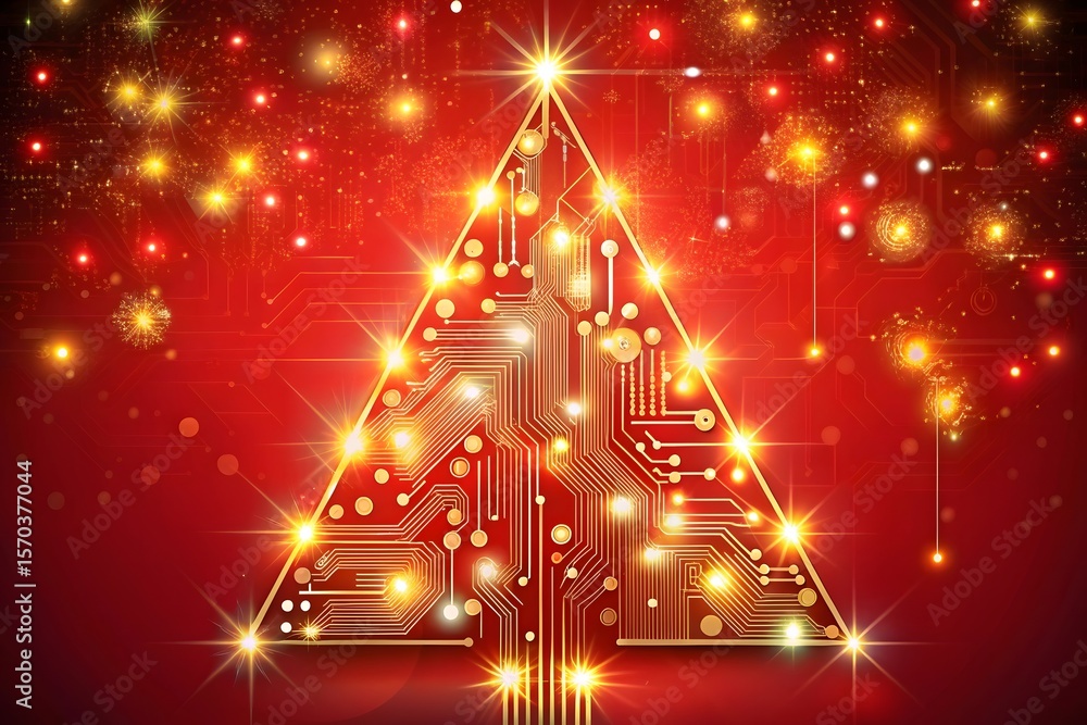 Poster futuristic christmas tree design featuring glowing circuit board patterns and festive red sparkles