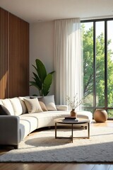 Bright Minimalist Living Room Natural Light Floods Calm and Inviting Space with Plush Sofa and Stylish Coffee Table. Perfect for Relaxation and Modern Interior Design Inspiration.