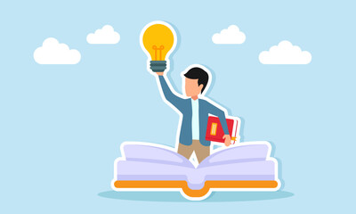 Young man standing on an open book holding a lamp and another book illustration of increasing literacy and knowledge to gain ideas and inspiration