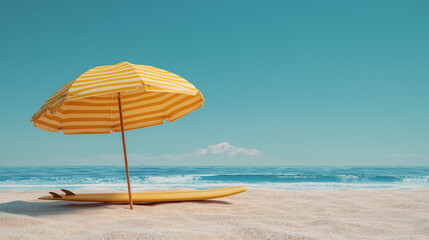 Paradise Found: A bright yellow umbrella provides shade over a surfboard on a sandy beach, set against a serene ocean. The sky is a beautiful bright blue, capturing the feeling of peace and enjoyment.