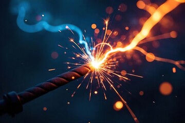 Intense Blue and Orange Electrical Sparks at Night, Raw Energy and Chaotic Power, Close-up Industrial Photography