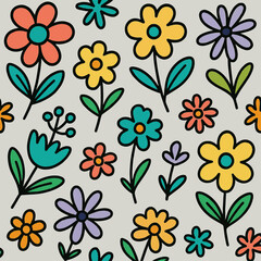 Fototapeta premium A vibrant, colorful illustration featuring a collection of stylized flowers, stems, and leaves.