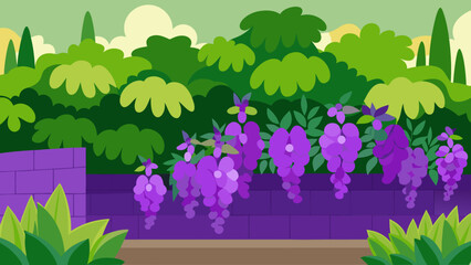 Blooming spring landscape with trees, flowers, and butterflies under a blue sky, a vibrant nature illustration with a floral design