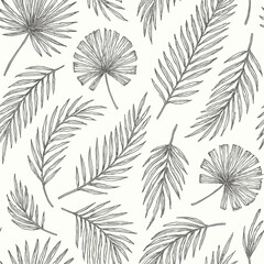 Elegant grayscale pattern of various palm fronds and leaves, intricately sketched, creating a seamless tropical design.