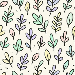 A repeating pattern of colorful, hand-drawn leaves scattered across a light background.