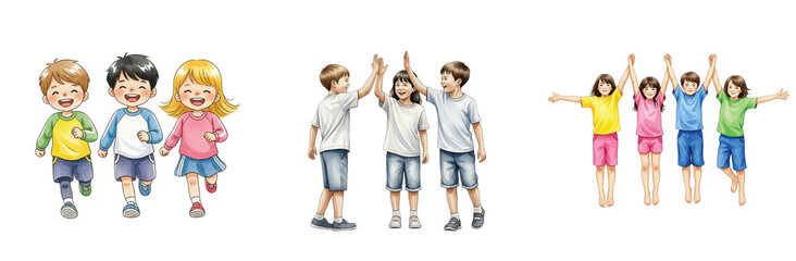 Fototapeta premium Joyful Watercolor Illustration of Diverse Children Playing and Interacting, Featuring Groups Running, High-Fiving, and Raising Arms in Celebration of Friendship
