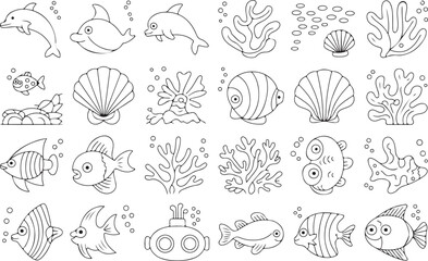 Marine Life, Nautical Elements line icon set. Vector pictograms of sea creatures, sailing, underwater exploration, sailboat, lighthouse, ship, anchor, compass, coral reef thin linear illustration. Nau