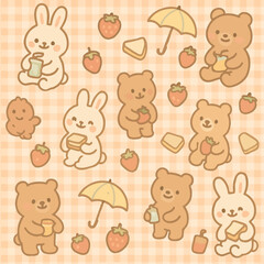 Obraz premium Cute cartoon bears and bunnies eating sandwiches and strawberries on a checkered background with umbrellas.