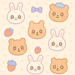 Cute cartoon animal heads, strawberries, and bows, repeating pattern on a pastel background.