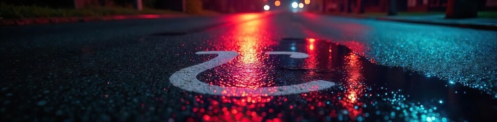 Mysterious Crime Scene Chalk Outline of Unknown Object on Rain-Slicked Street at Night
