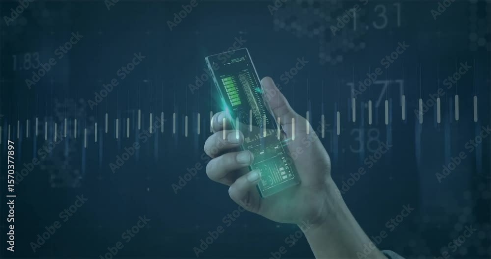 Poster hand holding smartphone tapping holographic target, activating sliding data bars updating dashboard