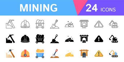 Collection of mining themed icons. Design symbols of pickaxes, mining helmets, mine carts, gold bars and more.