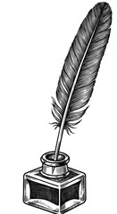 Vintage Feather Quill and Inkwell Isolated Illustration on Transparent