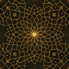 Intricate, golden, symmetrical pattern on a dark background, radiating from a central point.