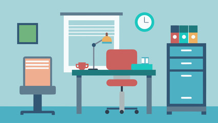 Modern office interior featuring a sleek desk with a computer, comfortable chair, and contemporary furniture design