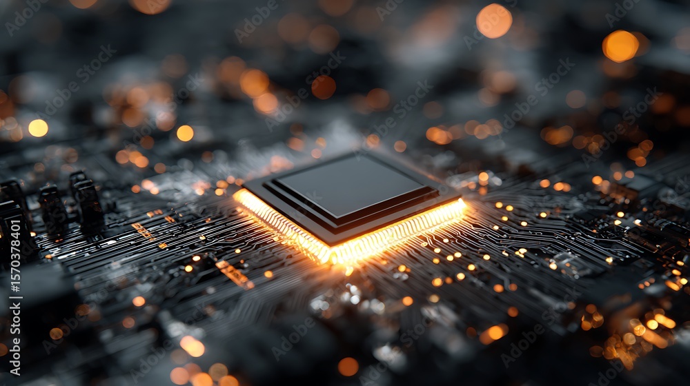 Poster close-up of computer chip on circuit board with glowing connections