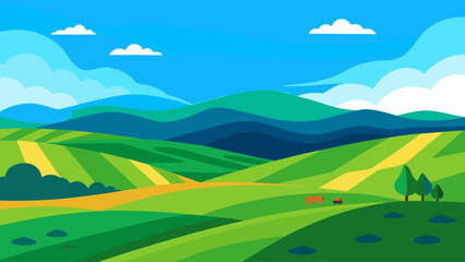 Obraz premium Summer mountain landscape with green fields and blue sky