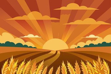 Golden wheat fields under a vast summer sky, bathed in the warm glow of a distant sunset