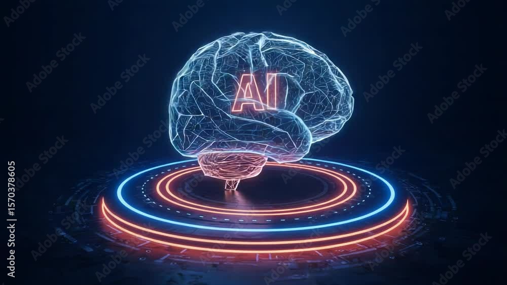 Poster a glowing brain with the letters ai is displayed on a futuristic platform