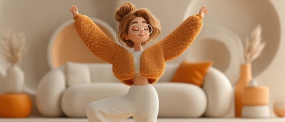Cartoon woman dances joyfully in a warm, modern, beige-toned interior