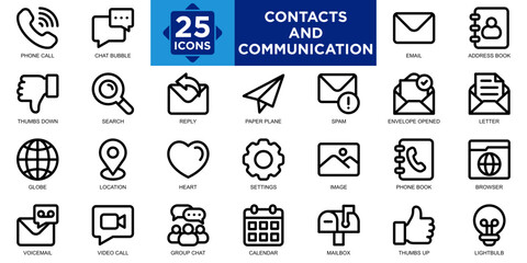 contacts and communication, communication, contact, web, business, symbol icon set. Outline icons collection. Simple vector illustration