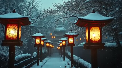 Serene winter scene featuring glowing lanterns lining a snow-covered path in a tranquil setting - Powered by Adobe