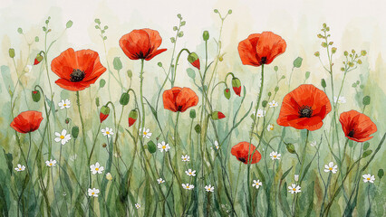 Fototapeta premium Vibrant watercolor field of poppies and wildflowers