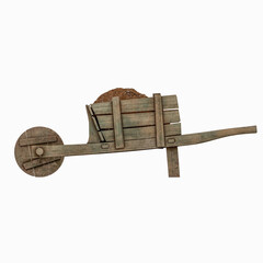 Vintage Wooden Wheelbarrow with Load of Soil Isolated on White Background. 3D Illustration. File with Clipping Path