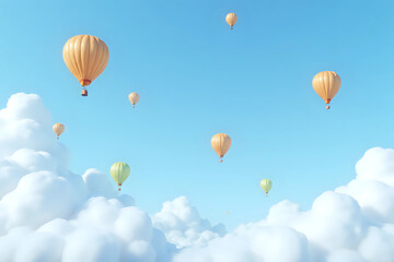 Fototapeta premium Hot Air Balloon Ride in blue sky white clouds background for wide banner of travel agency or adventure tour. Romance of ballooning in a good weather. 3d rendering.