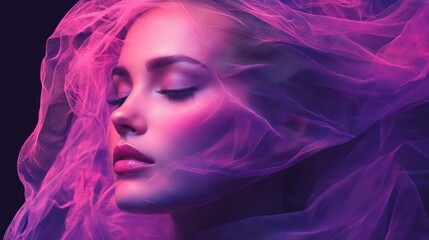 Fototapeta premium Radiant woman veiled in vibrant, ethereal fabric.