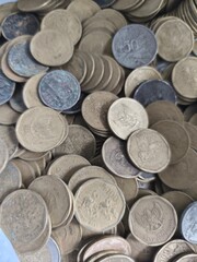 close-up photo, lots of coins