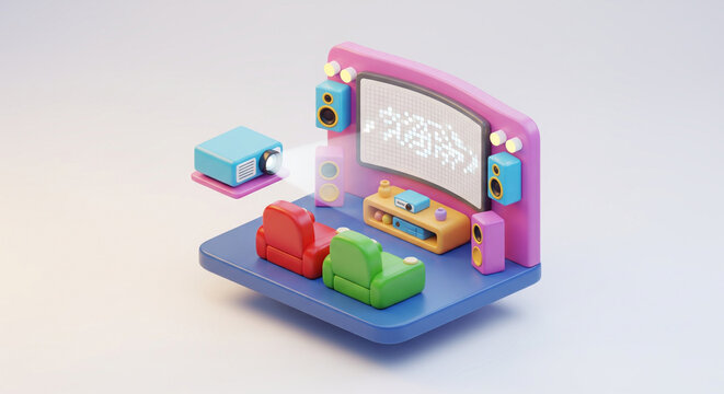 3D rendered isometric home theater scene with a large screen displaying pixel art, cozy seating, and a projector beaming light