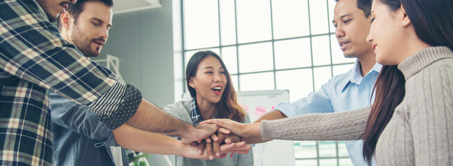 Team bump fist together Banner diversity solidarity teams multiethnic Partners hands together...