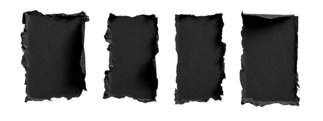 Four dark, torn rectangles