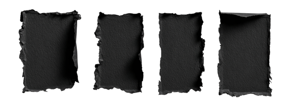 Four dark, torn rectangles